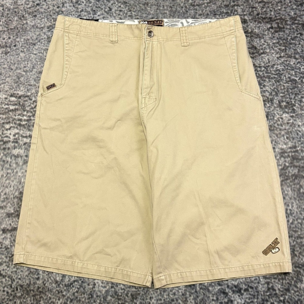Vintage Y2K Split Shorts Flat Front Chino Mens 36 Tan Baggy Skater BMX Grunge